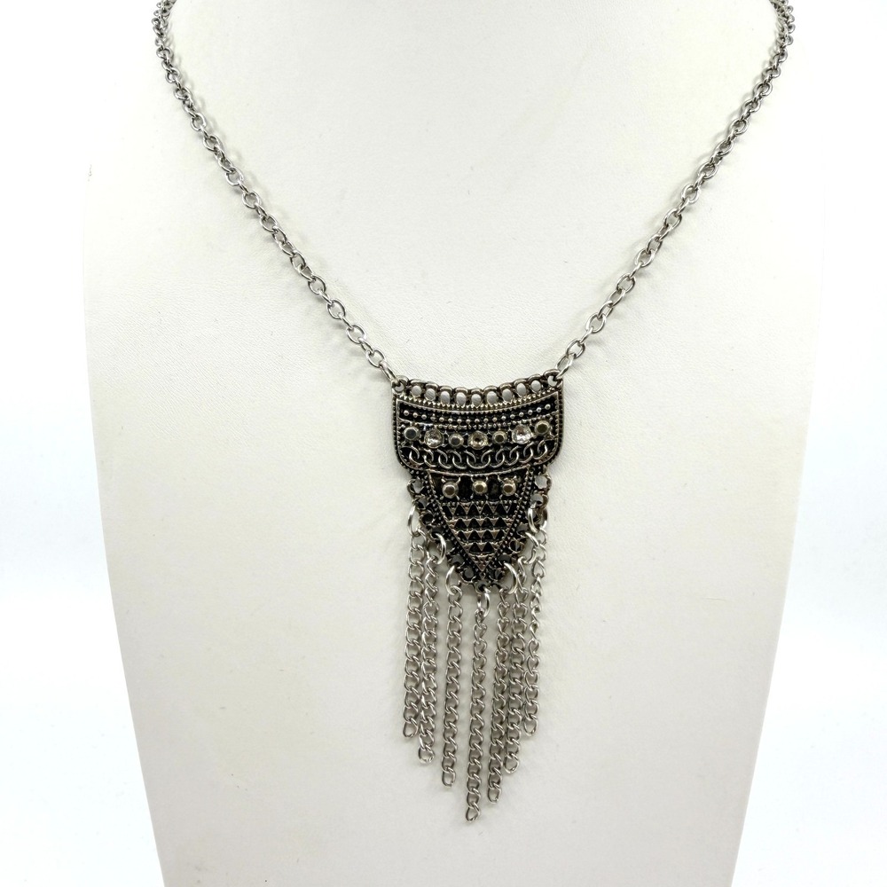 Vintage Silver Tone Triangle Shield Tassel Statement Necklace Bohemian Retro